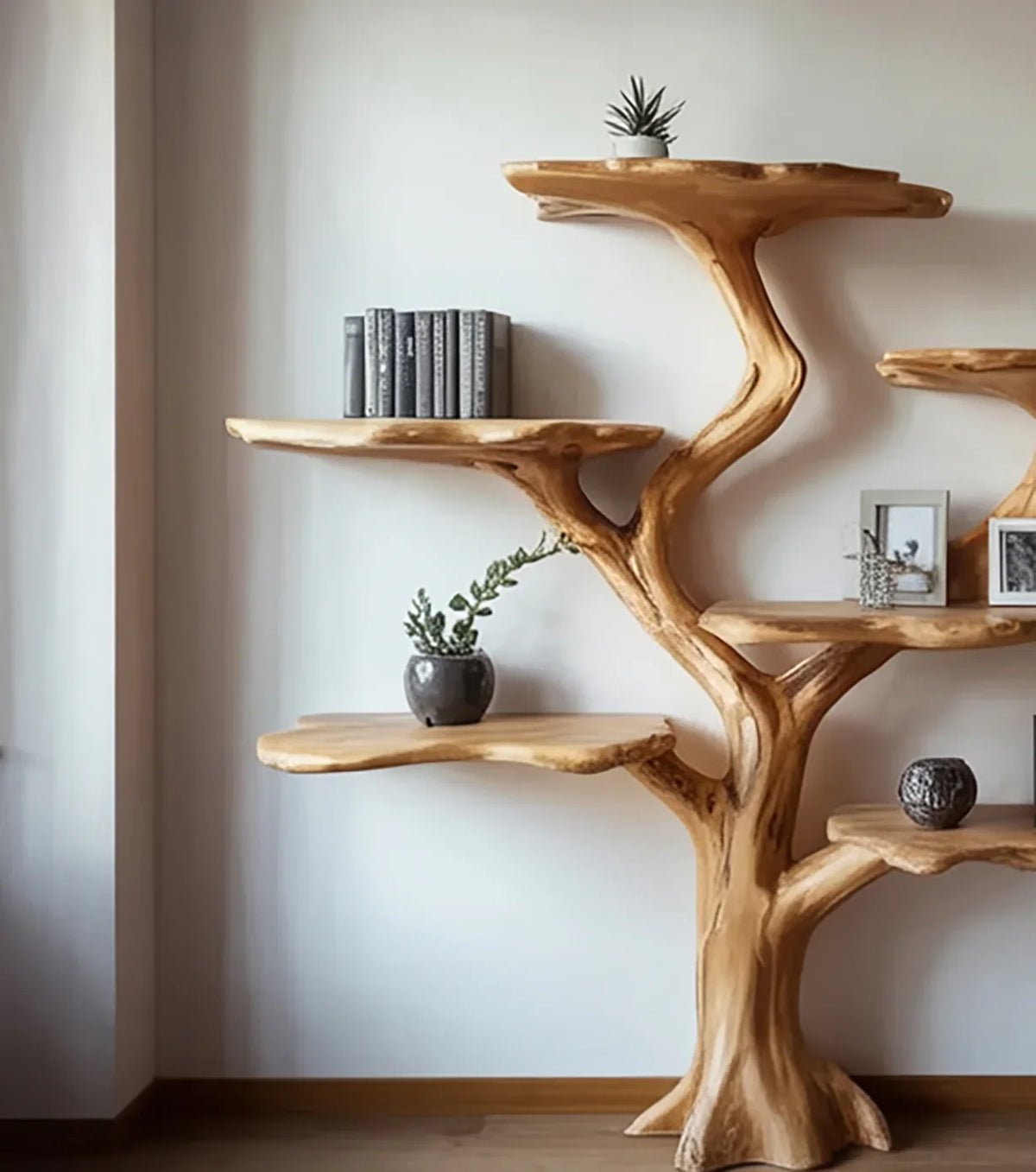 Unique wooden tree-shaped bookshelf with plants, books, and photo frames in a modern room