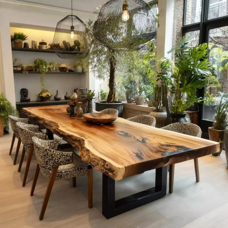 Modern dining room with a large live edge wood table, patterned chairs, hanging pendant lights, and greenery