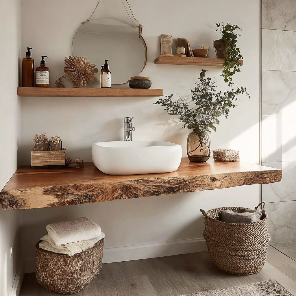 Minimalist bathroom with live edge wooden countertop, white vessel sink, round mirror, and natural decor