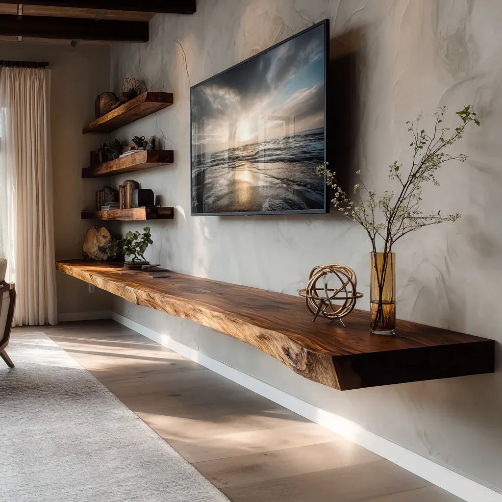 Modern living room with floating live edge wood shelf, wall-mounted TV, and decorative items