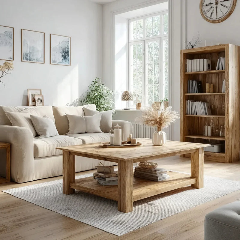 Bright living room with beige sofa, wooden coffee table, large window, and wooden bookshelf