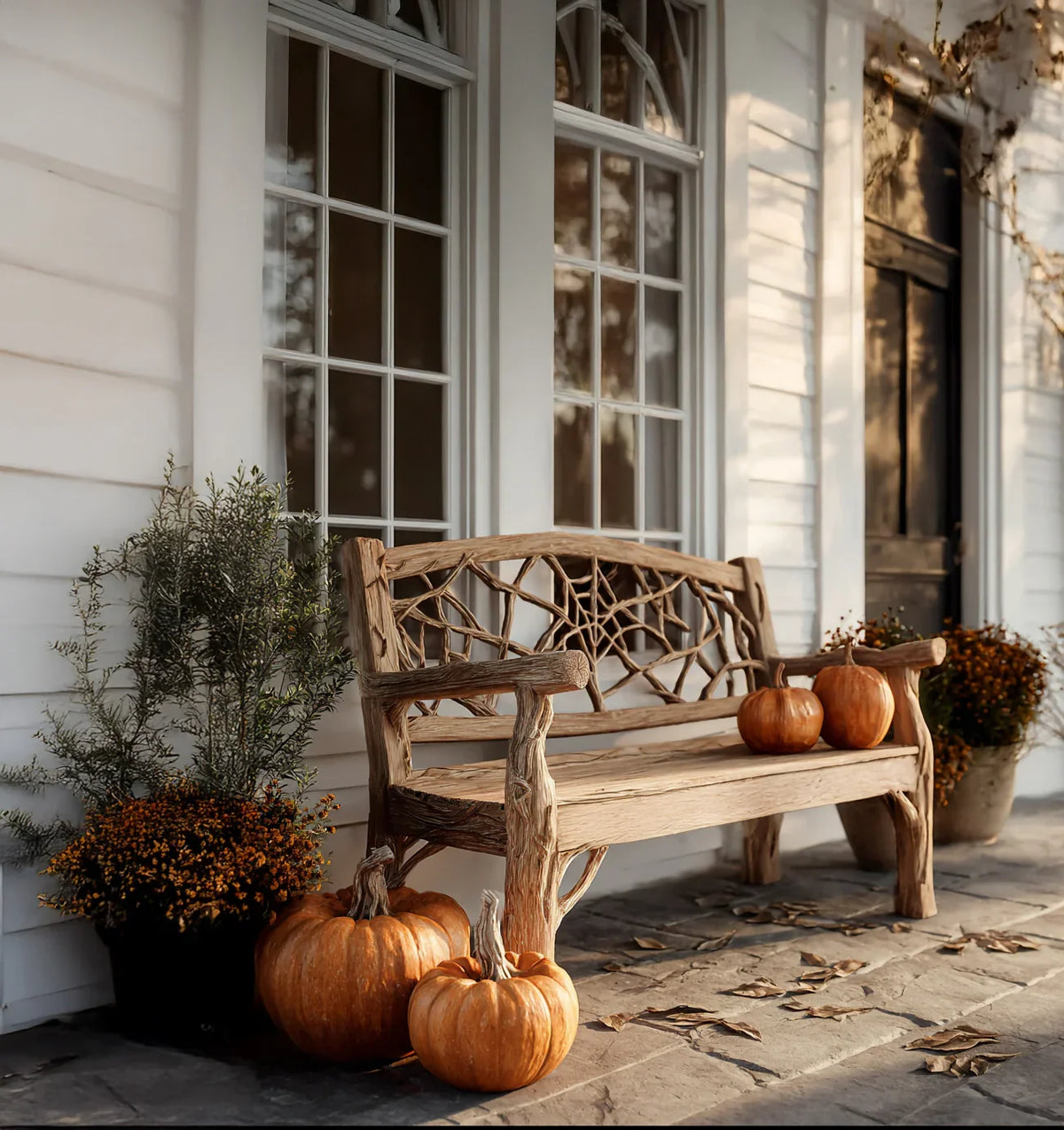 Rustic wooden bench on porch with pumpkins and potted plants, autumn fall decoration