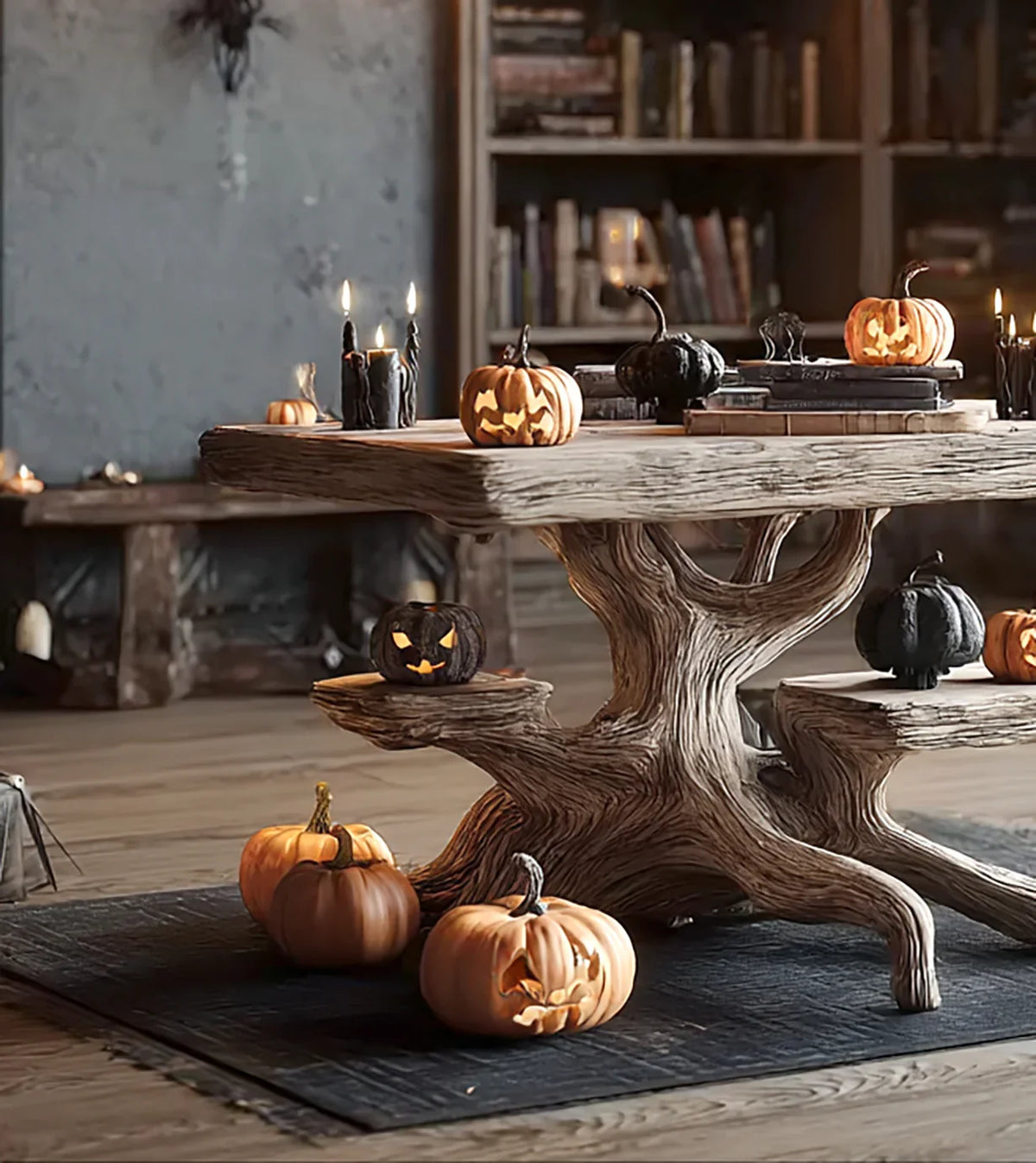 Rustic wooden table and benches decorated with carved Halloween pumpkins and black candles in cozy room