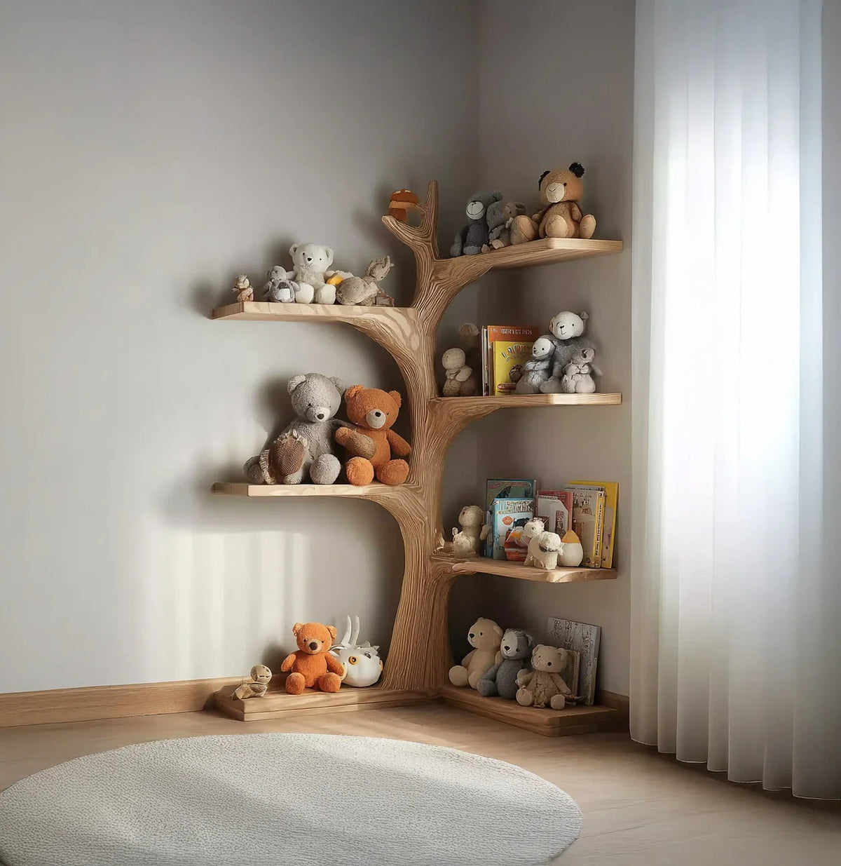 Tree bookshelf with solid wood shelves holding stuffed animals and children's books in a cozy room