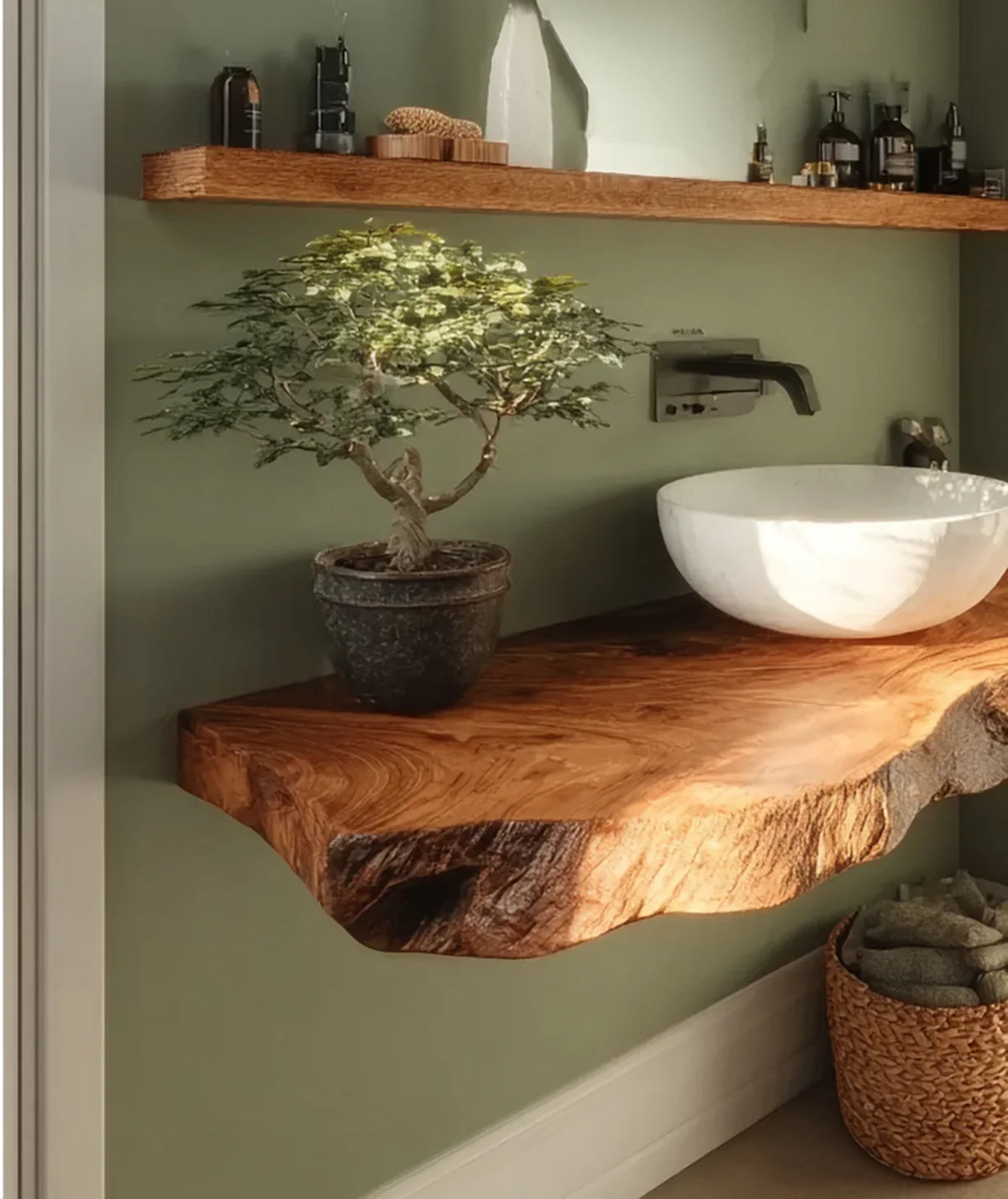 Modern bathroom with live edge wood floating vanity, white vessel sink, bonsai plant, and green walls