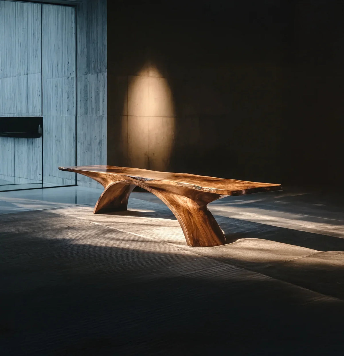 Modern wooden bench with curved supports in minimalist sunlit interior space