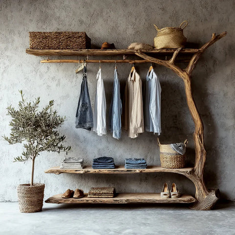 Live edge tree bookshelf clothes rack with hanging shirts, folded jeans, woven baskets, and potted plant