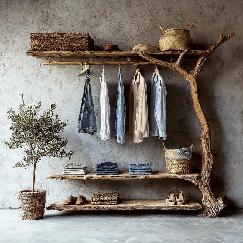 Live edge tree bookshelf clothes rack with hanging shirts, folded jeans, woven baskets, and potted plant