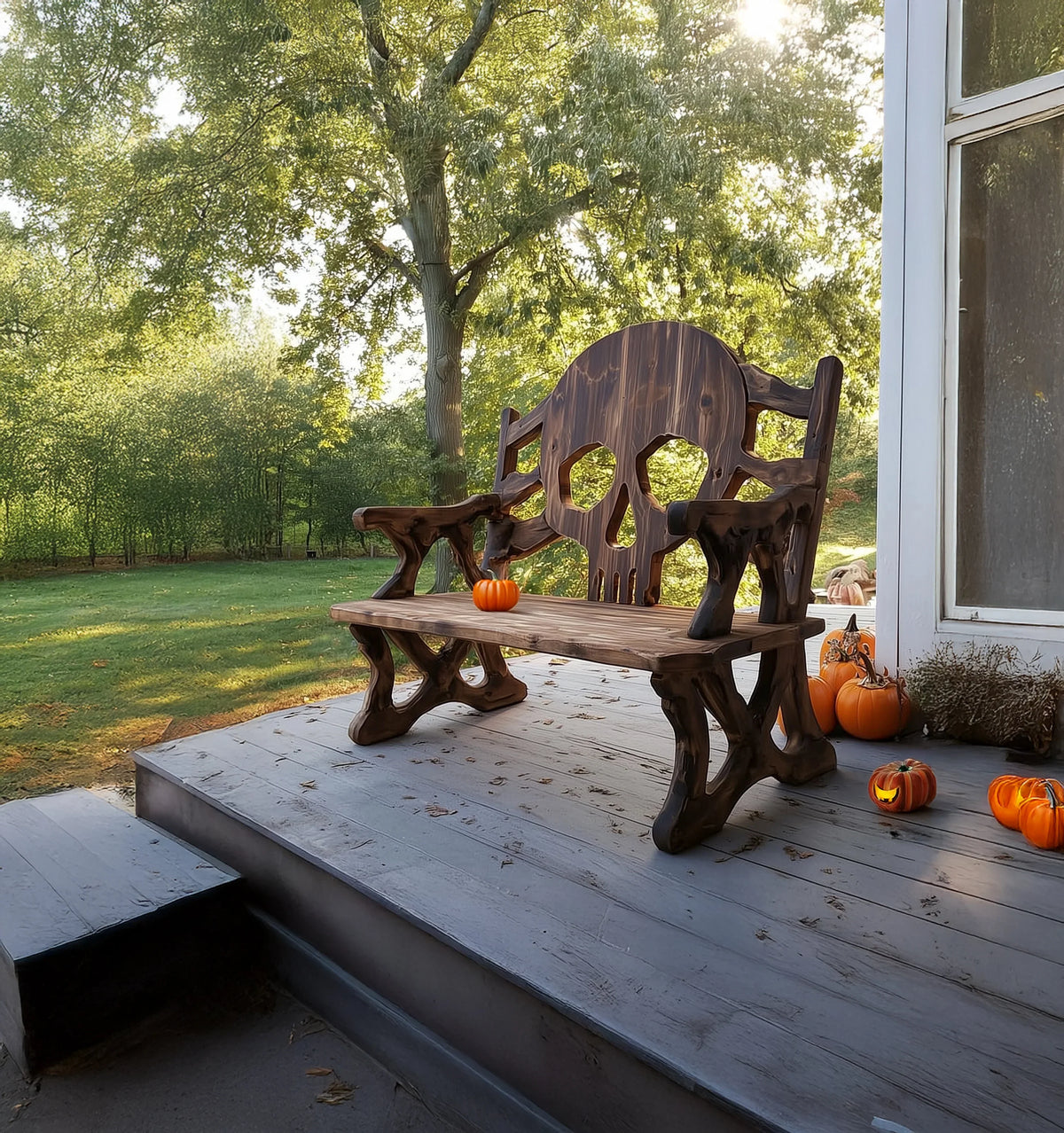 Wooden bench with skull-back design on porch, decorated with small pumpkins and green yard backdrop