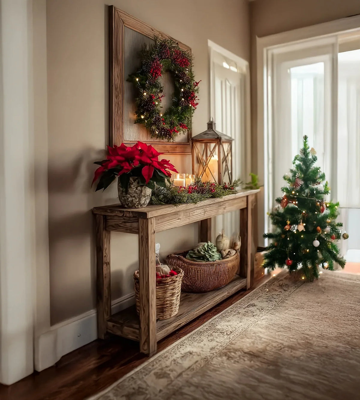 Cozy Christmas entryway with decorated wreath, poinsettia, candles, lantern, and small lit Christmas tree