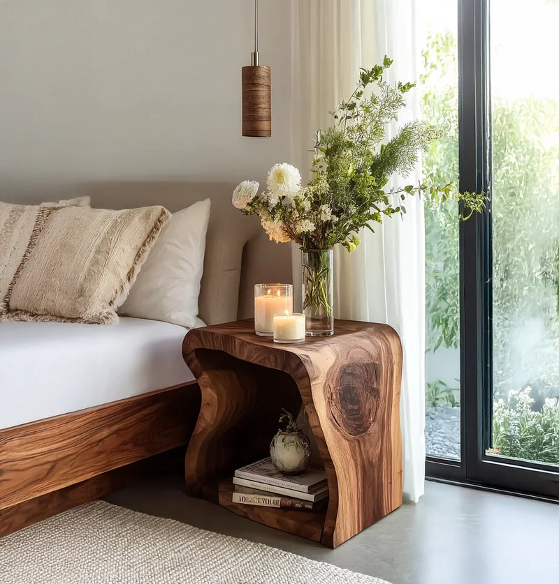 Live edge solid wood bedside table with books, candles, and a floral vase in a modern bedroom