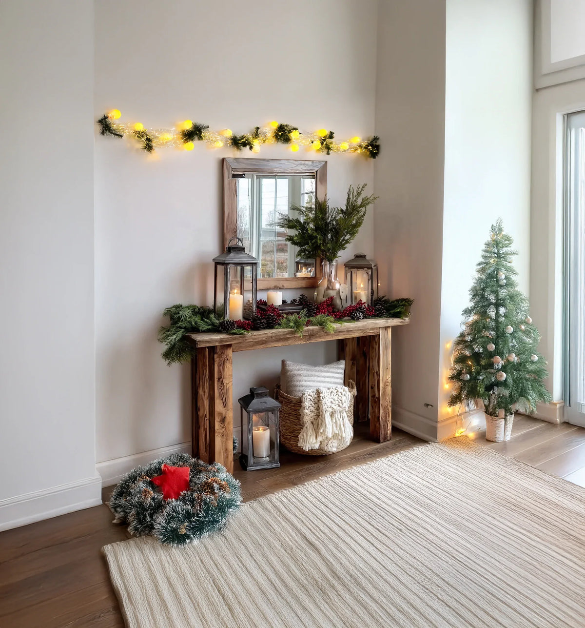 Cozy Christmas corner with rustic wooden console, lit candles, greenery, wreath, and small decorated tree