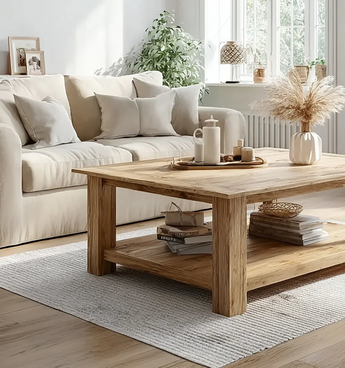 Cozy living room with beige sofa, wooden coffee table, decorative cushions, and green plant