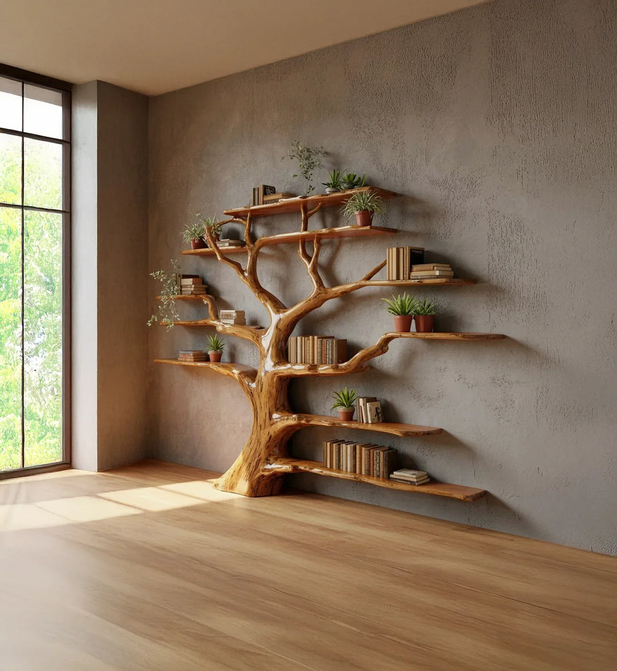 Unique wooden tree-shaped bookshelf mounted on gray wall with books and green potted plants