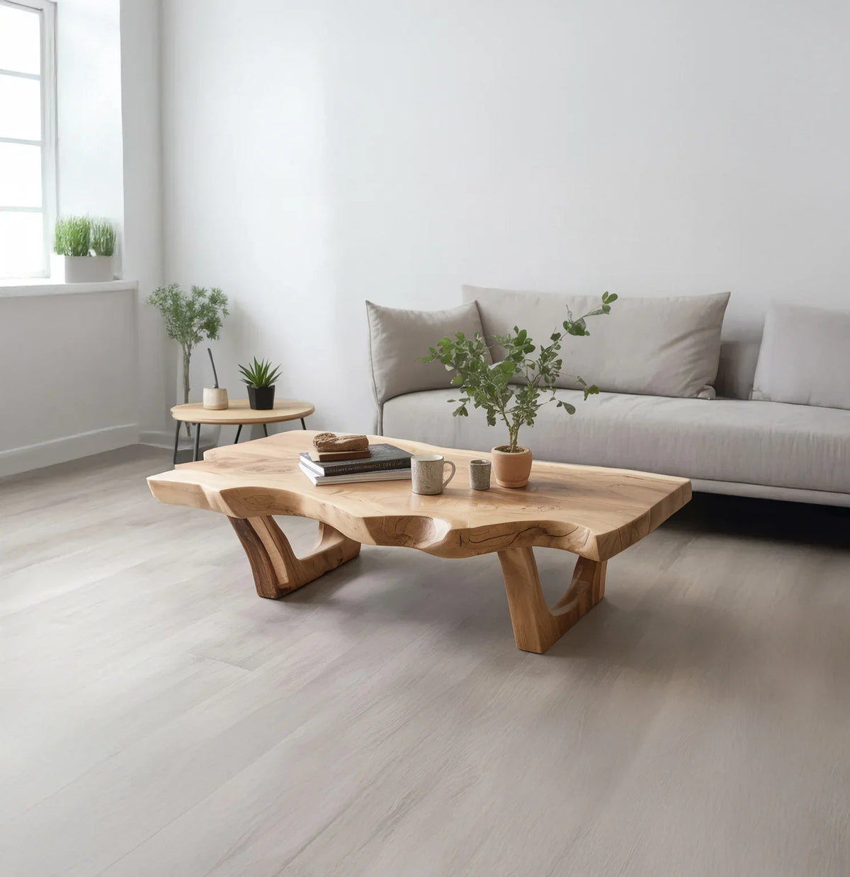 Live edge solid wood coffee table in modern living room with neutral sofa and plants