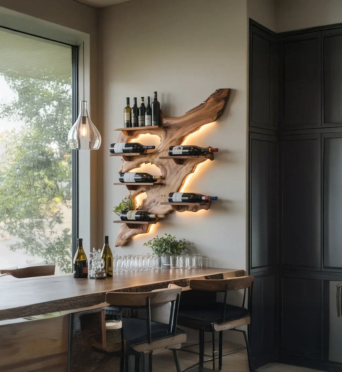 Modern dining area with live edge wooden table, wine bottles on illuminated rustic wall shelf, and large window