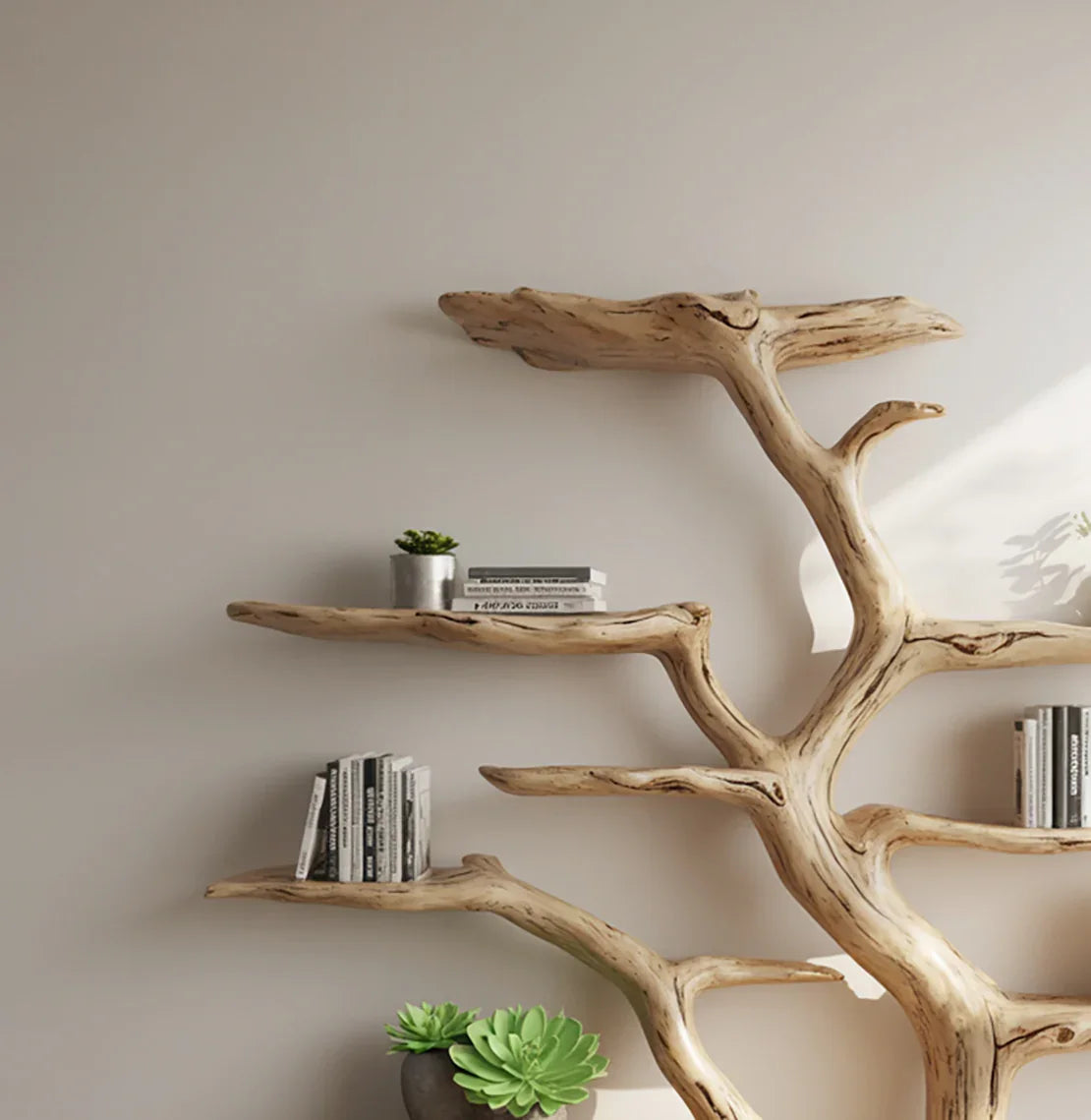 Organic natural wood branch bookshelf with books and small green potted plants against white wall