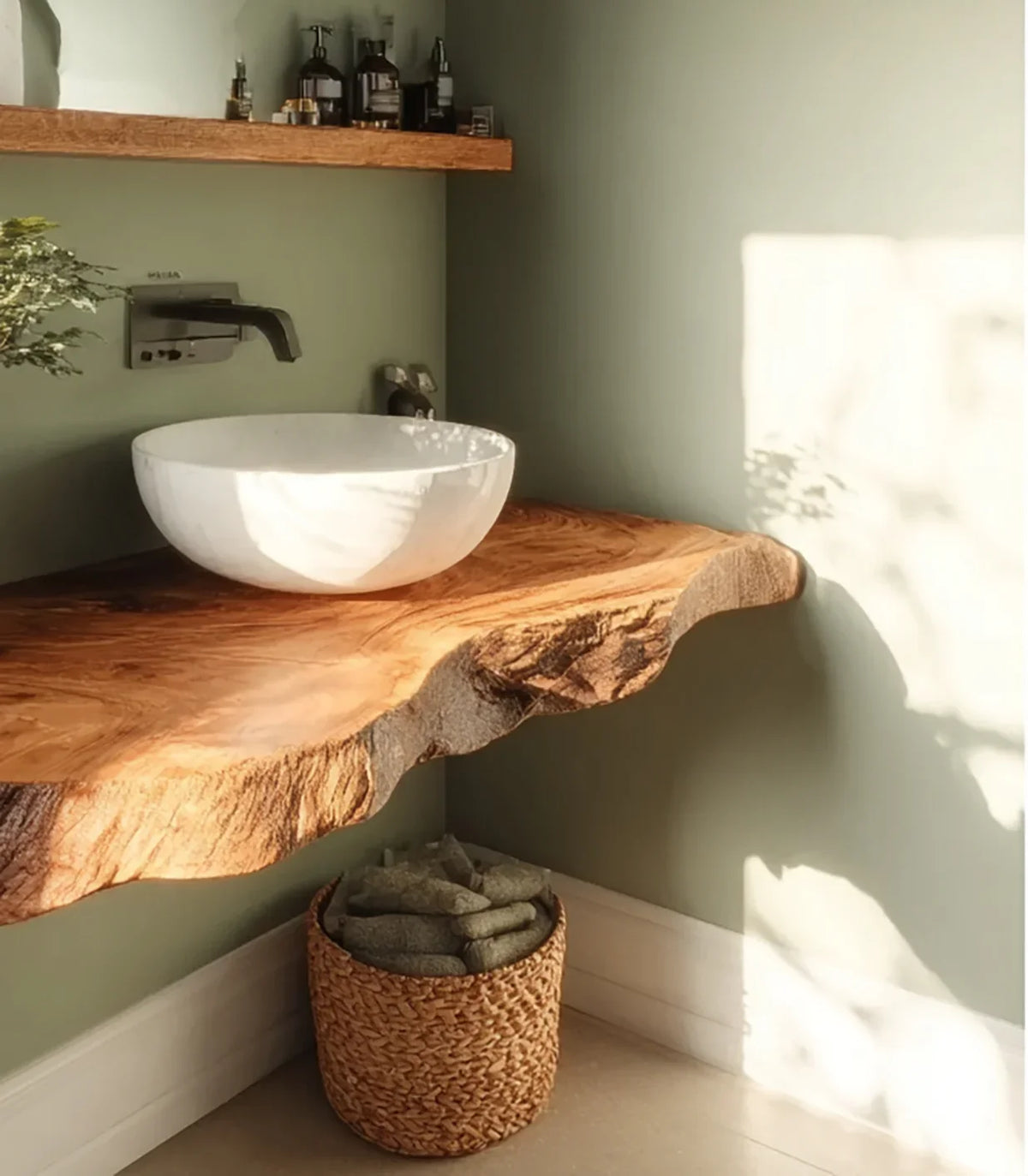 Rustic bathroom with live edge wooden countertop, white vessel sink, wall-mounted faucet, woven basket with towels