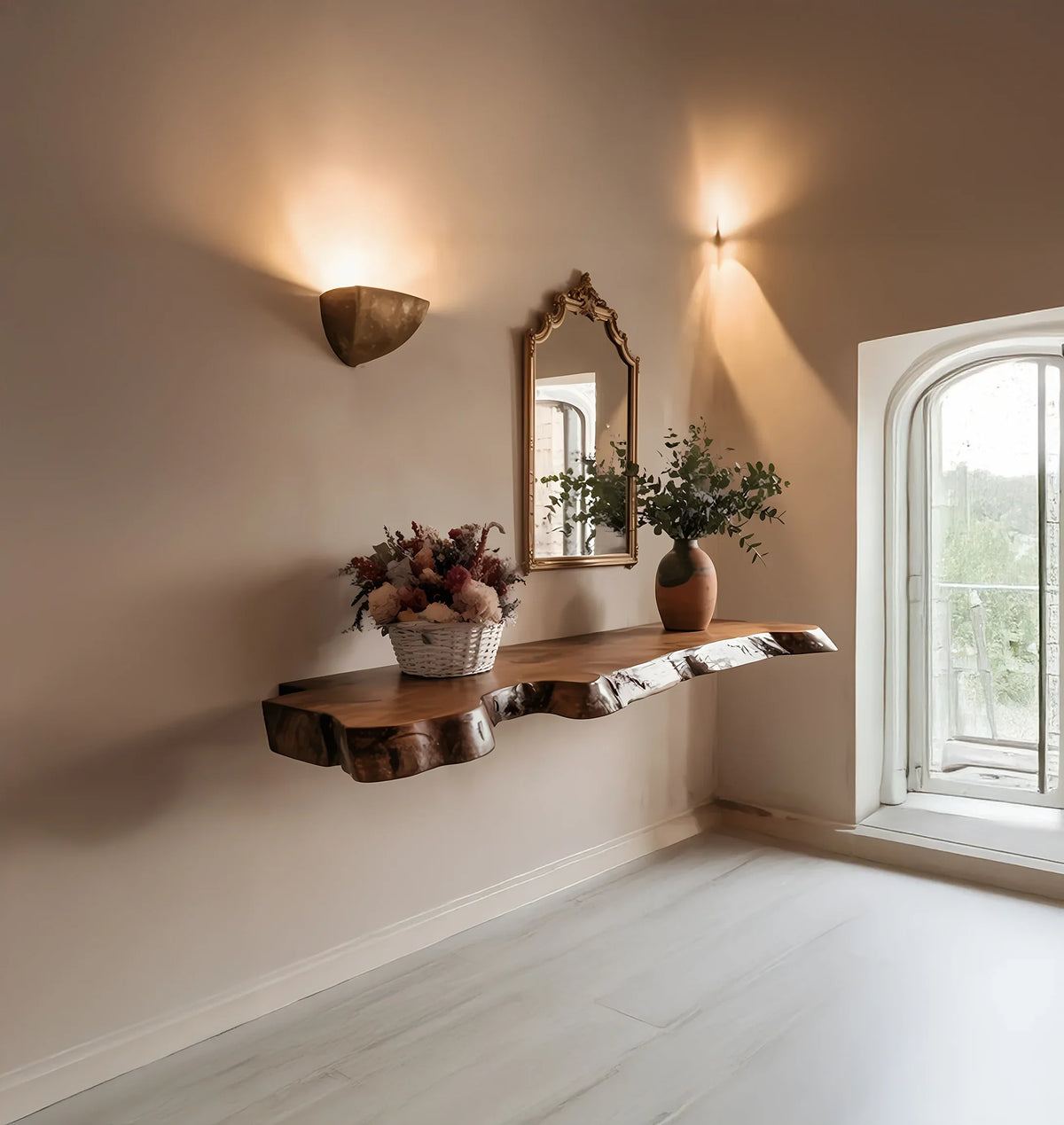 Minimalist interior with rustic live edge wooden floating shelf, decorative mirror, vases with flowers, and wall sconces