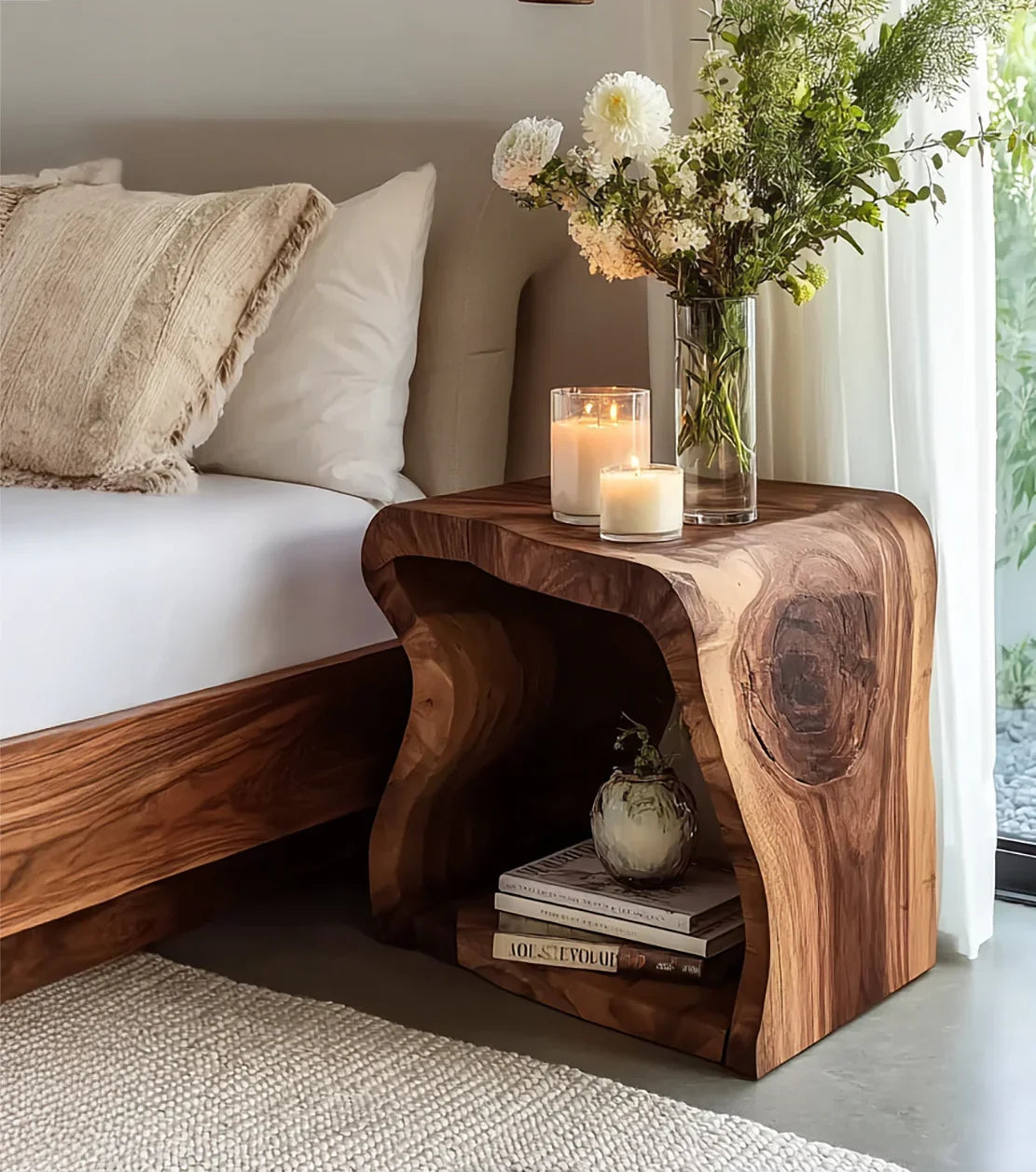 Solid wood live edge nightstand with open shelf, candles, and flowers in cozy bedroom