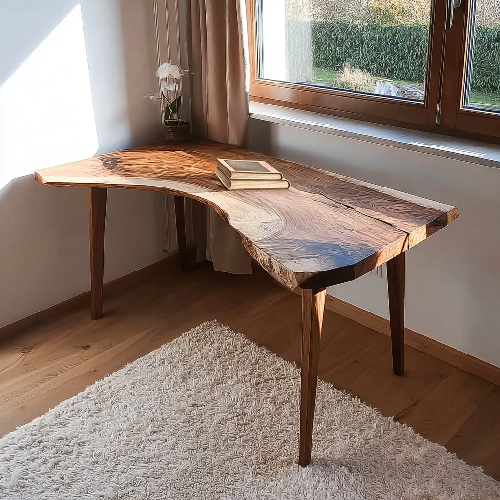 Live edge wooden desk with natural grain, placed by window in modern room with white rug and orchid