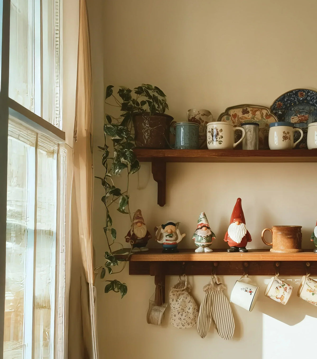 Wooden floating shelves with ceramic mugs, gnome figurines, potted plant and natural light