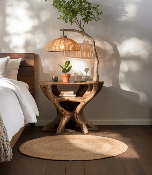 Sculptural Tree Branch Nightstand – Artisanal Solid Wood Bedside Table with Integrated Lamp