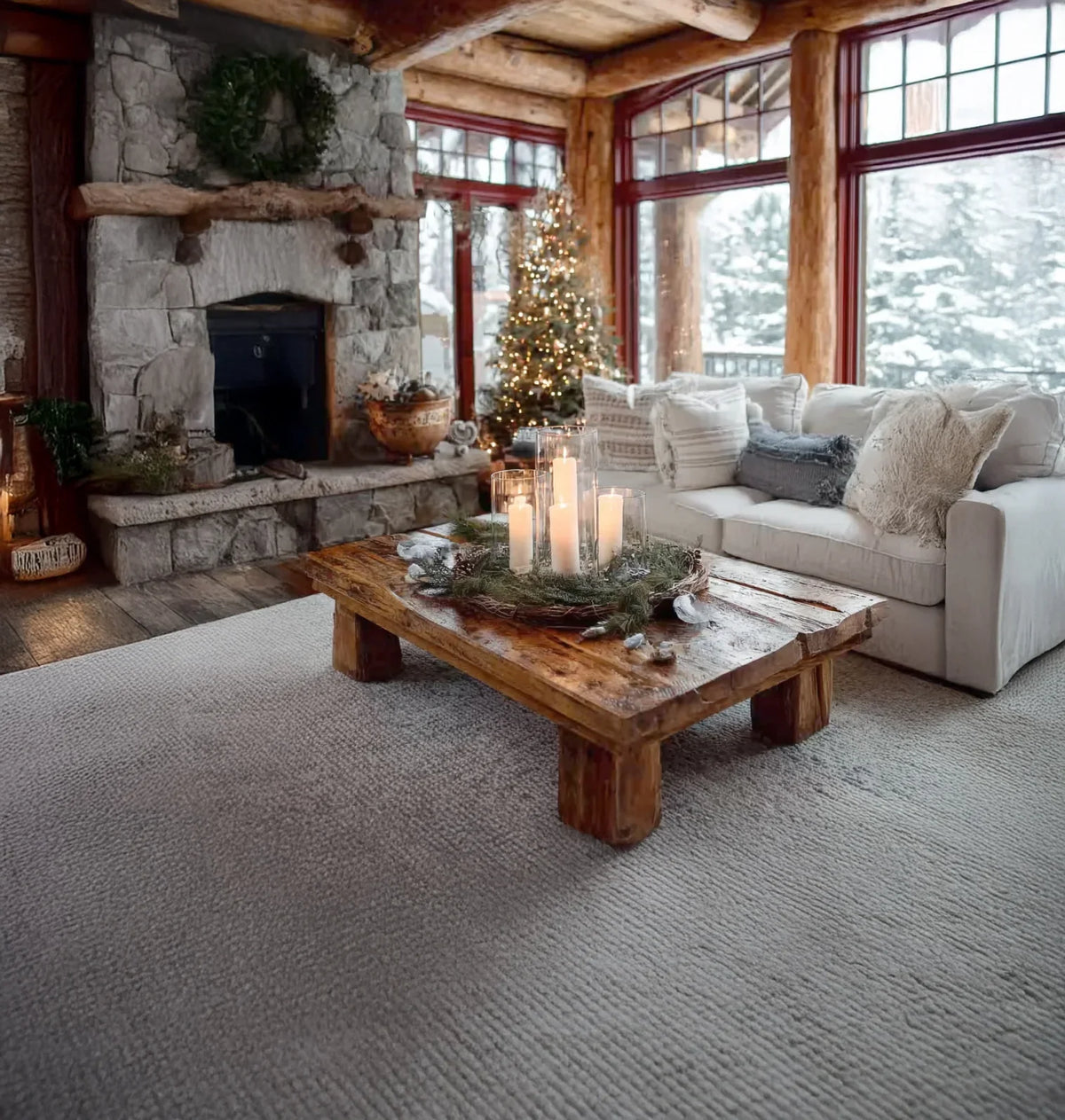 Cozy living room with stone fireplace, wooden coffee table with candles, white sofa, and decorated Christmas tree