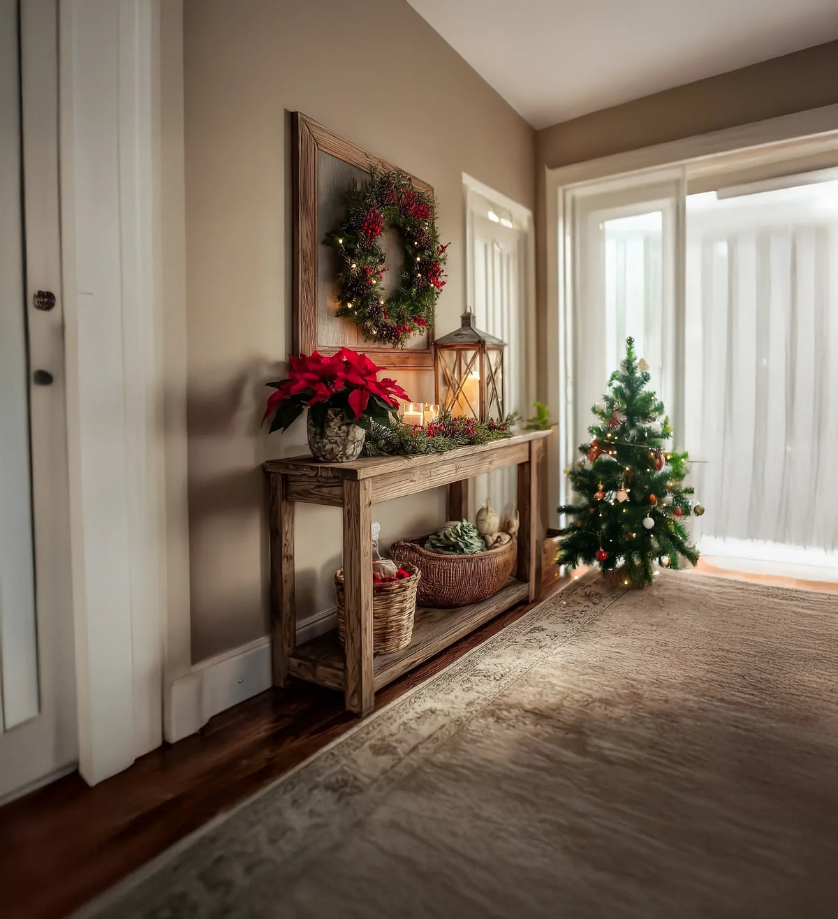 Cozy holiday entryway with a decorated Christmas tree, wooden console table, poinsettia, wreath, and lantern