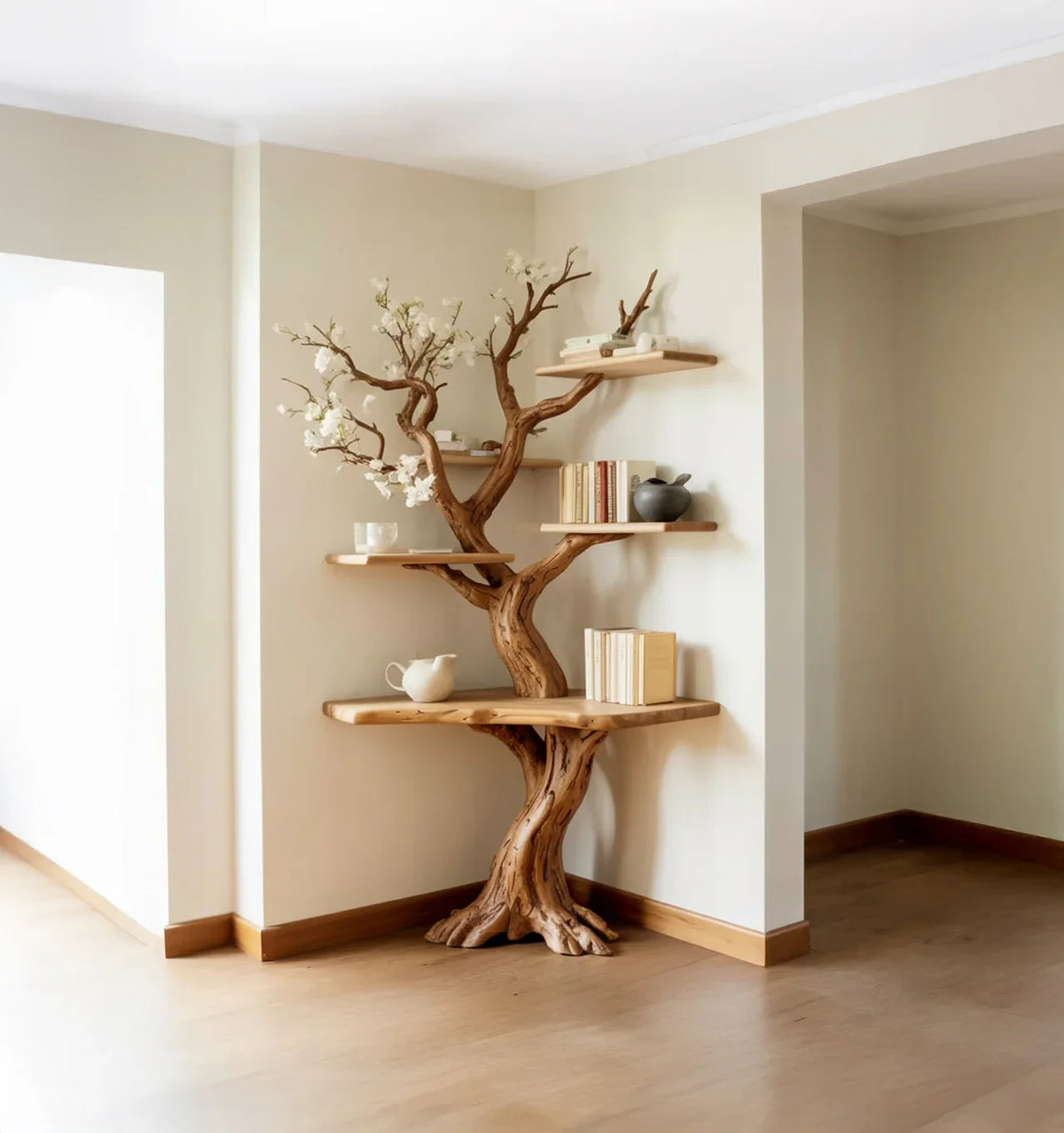 Solid wood tree bookshelf with live edge shelves in a modern minimalist room
