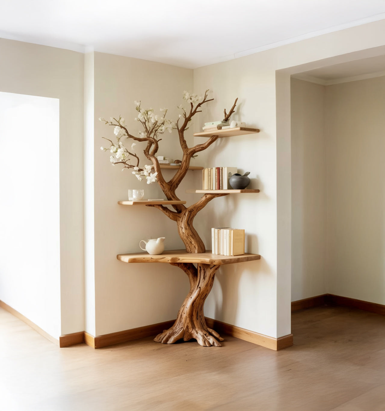 Rustic Corner Tree Bookshelf with Integrated Desk Surface
