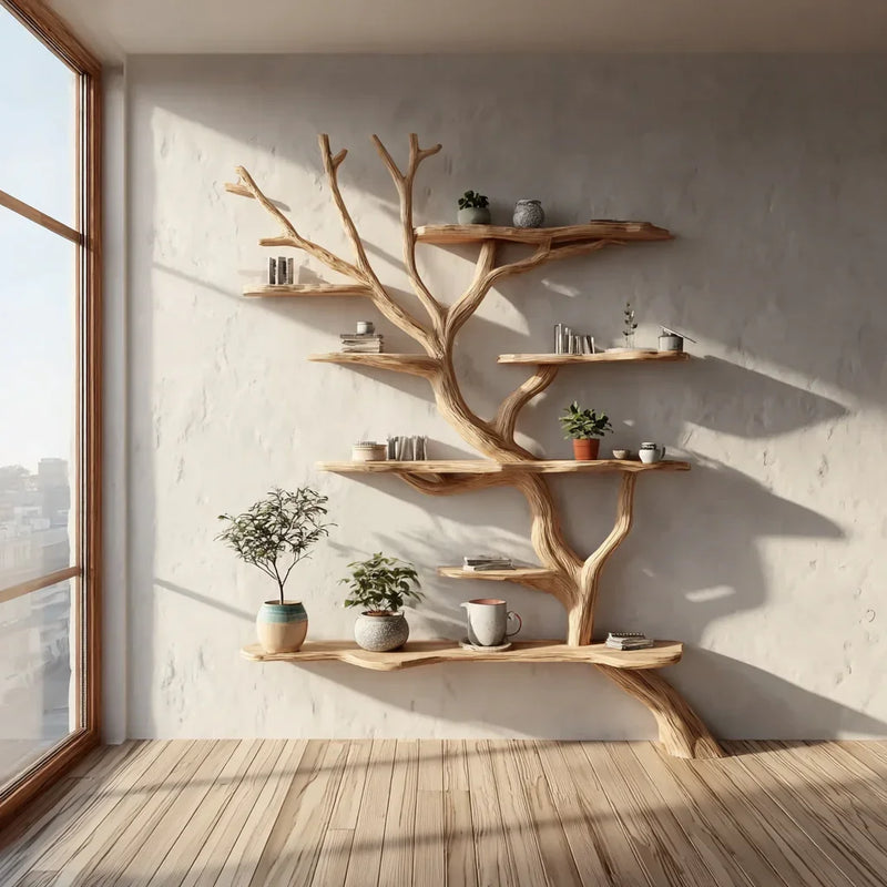 Solid wood tree bookshelf with floating shelves, plants, books, and decor in sunlit room