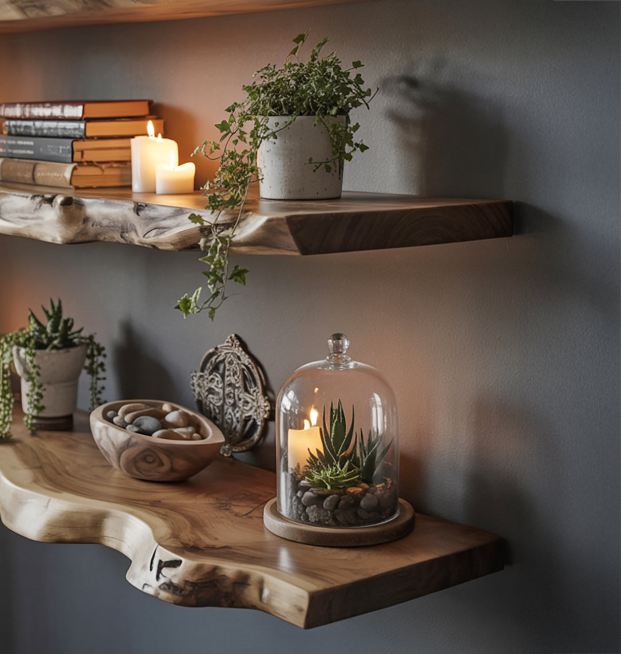 Two wooden floating shelves decorated with potted plants, candles, books, and decorative stones