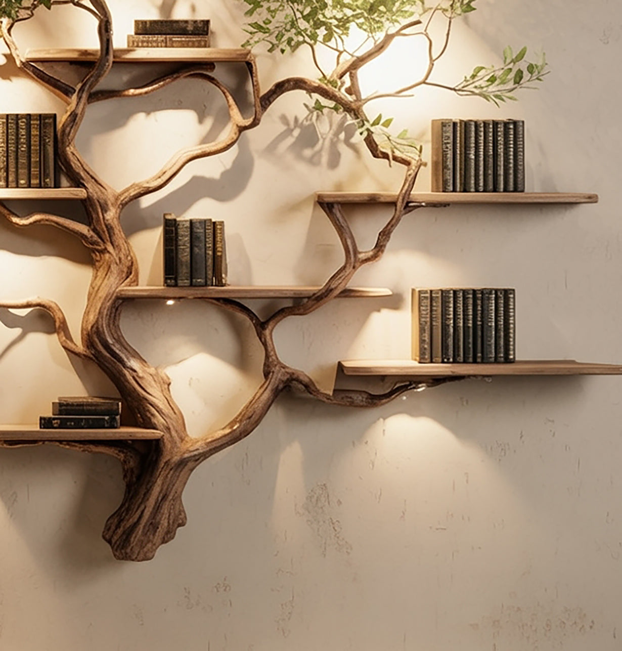 Wall-mounted wooden bookshelf resembling tree branches with vintage books and soft lighting