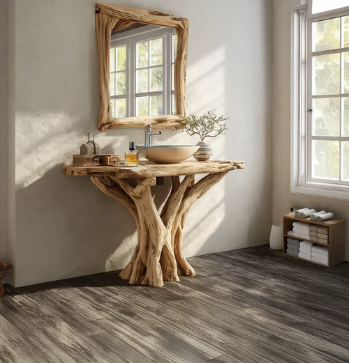 Rustic Solid Wood Bathroom Vanity Set - Hand-Carved Tree Root Sink Stand