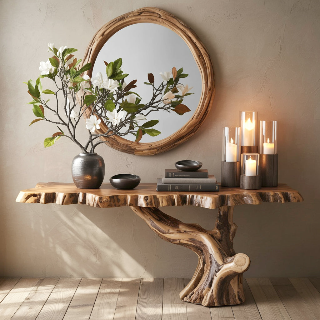 Live edge wood console table with round wood mirror, vase with white flowers, books, and lit candles