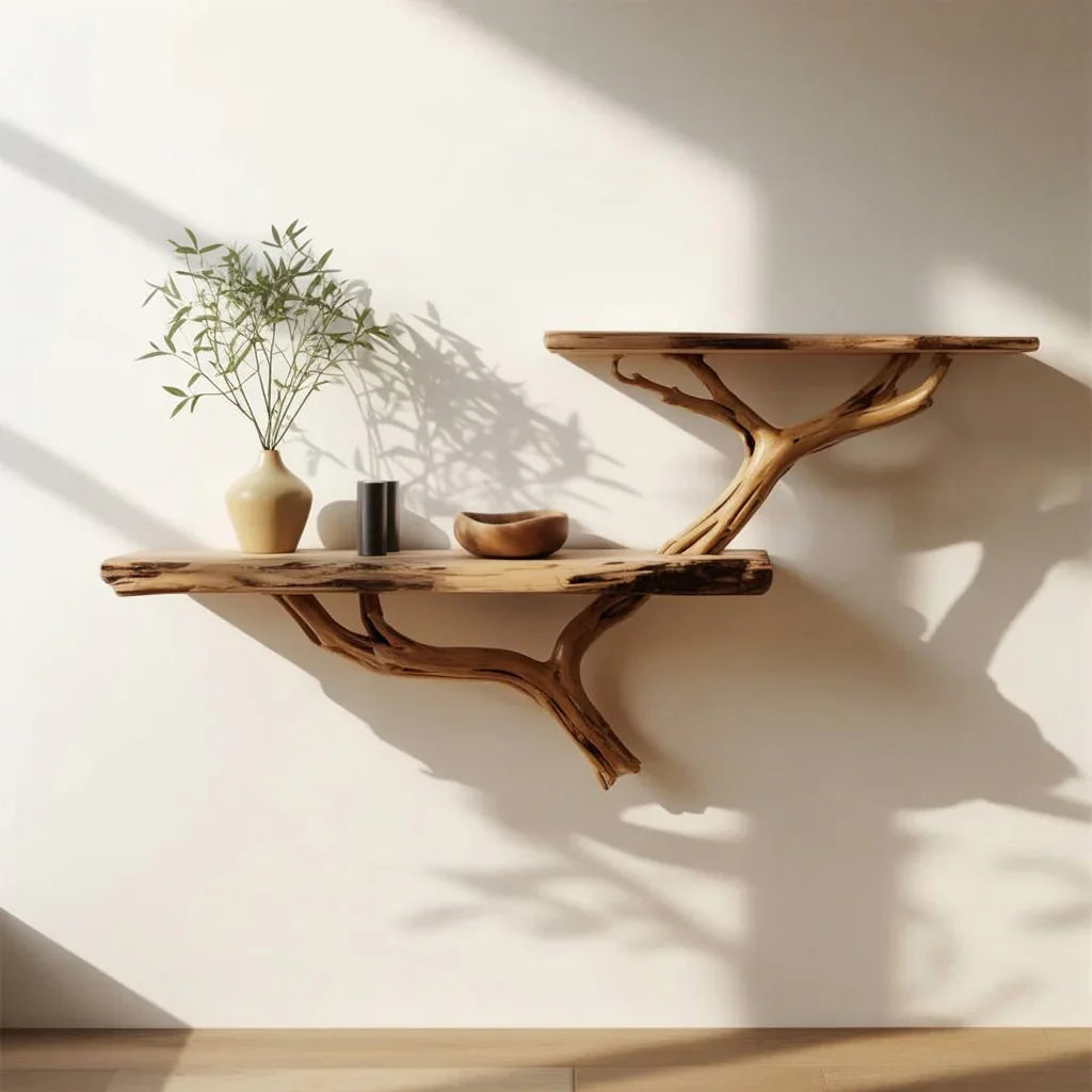 Live edge floating wood shelves with tree branch design, decorated with vase and bowl, against a white wall.