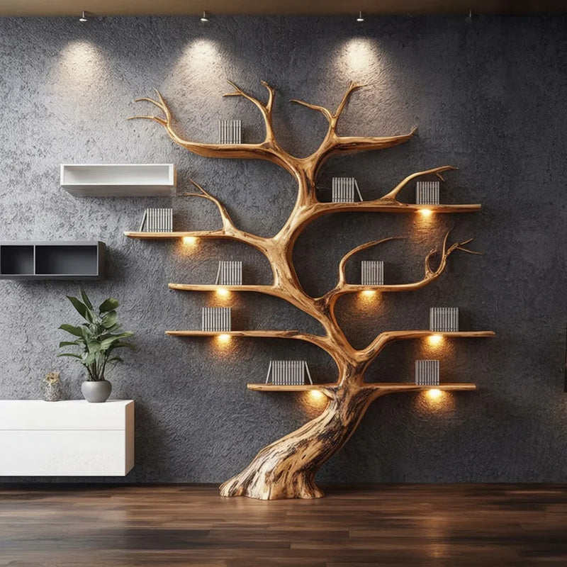 Tree-shaped wooden bookshelf with integrated lighting on modern textured wall, holding books.