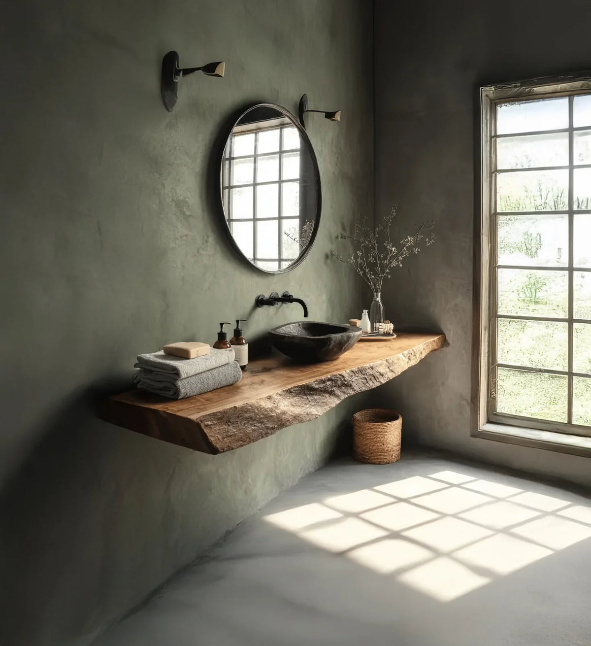 Minimalist bathroom with a live-edge wooden countertop, black stone sink, round mirror, and large window light