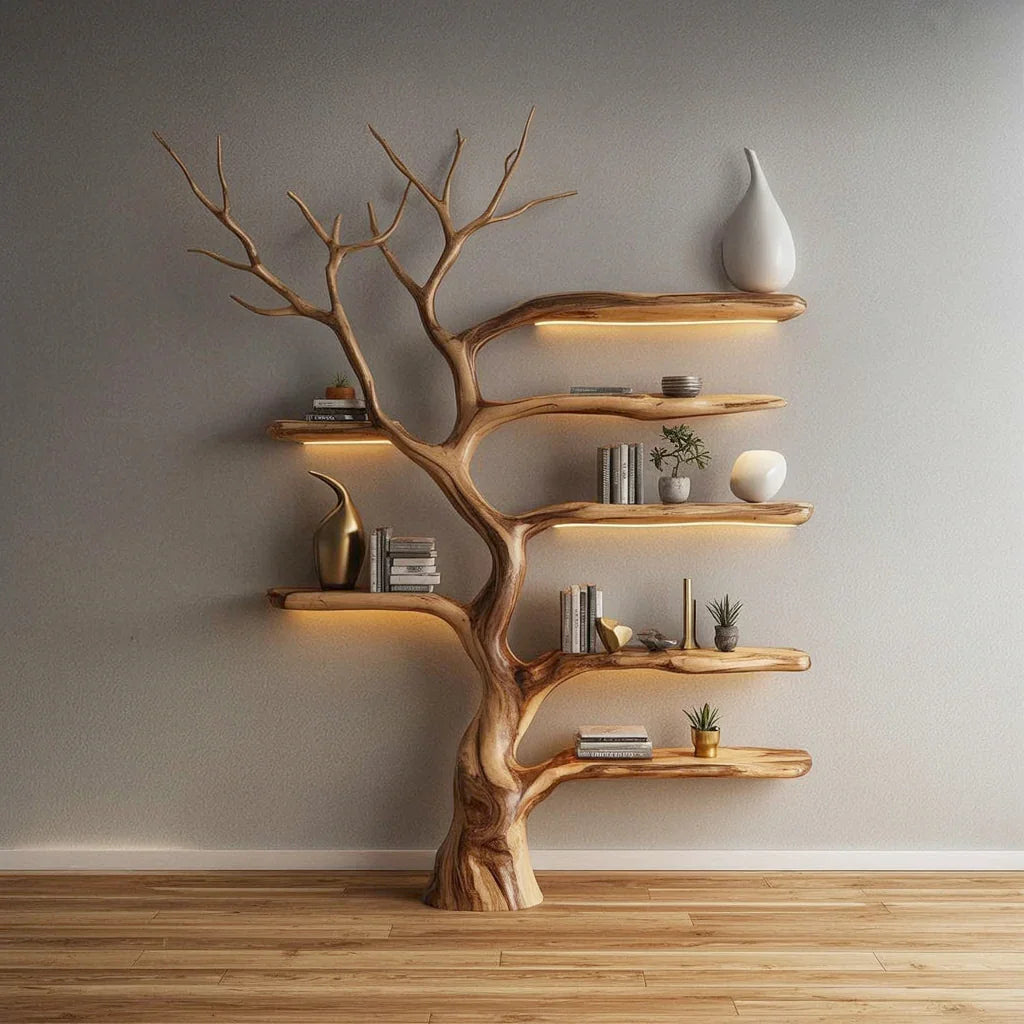 Tree-shaped solid wood bookshelf with live edge shelves, decor items, books, and soft lighting.
