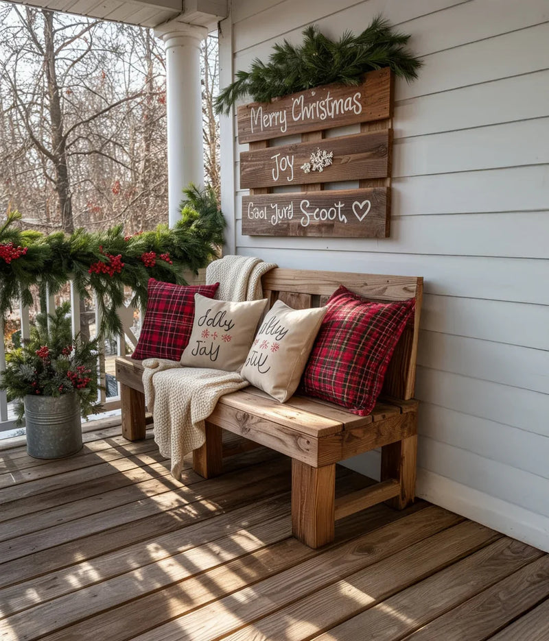 Wooden bench with Christmas plaid and festive pillows on a decorated porch with greenery and Merry Christmas sign