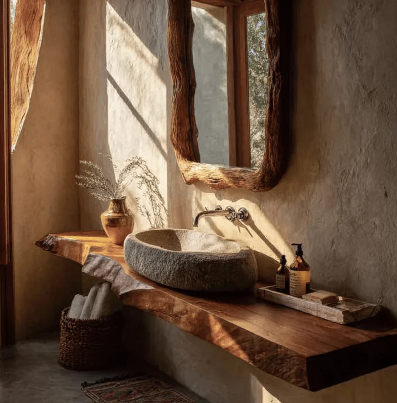 Rustic bathroom with stone sink, wooden countertop, natural-framed mirror, and decorative vase