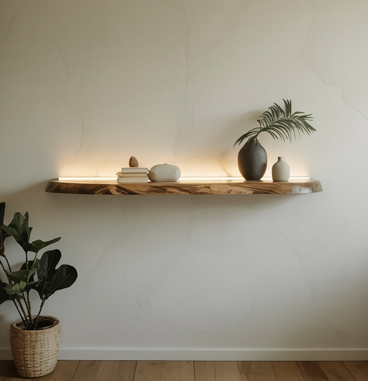 Solid wood floating shelf with live edge, LED backlighting, and decorative vases on wall
