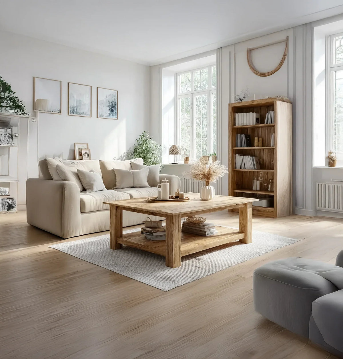 Bright living room with beige sofa, wooden coffee table, bookshelf, and large windows