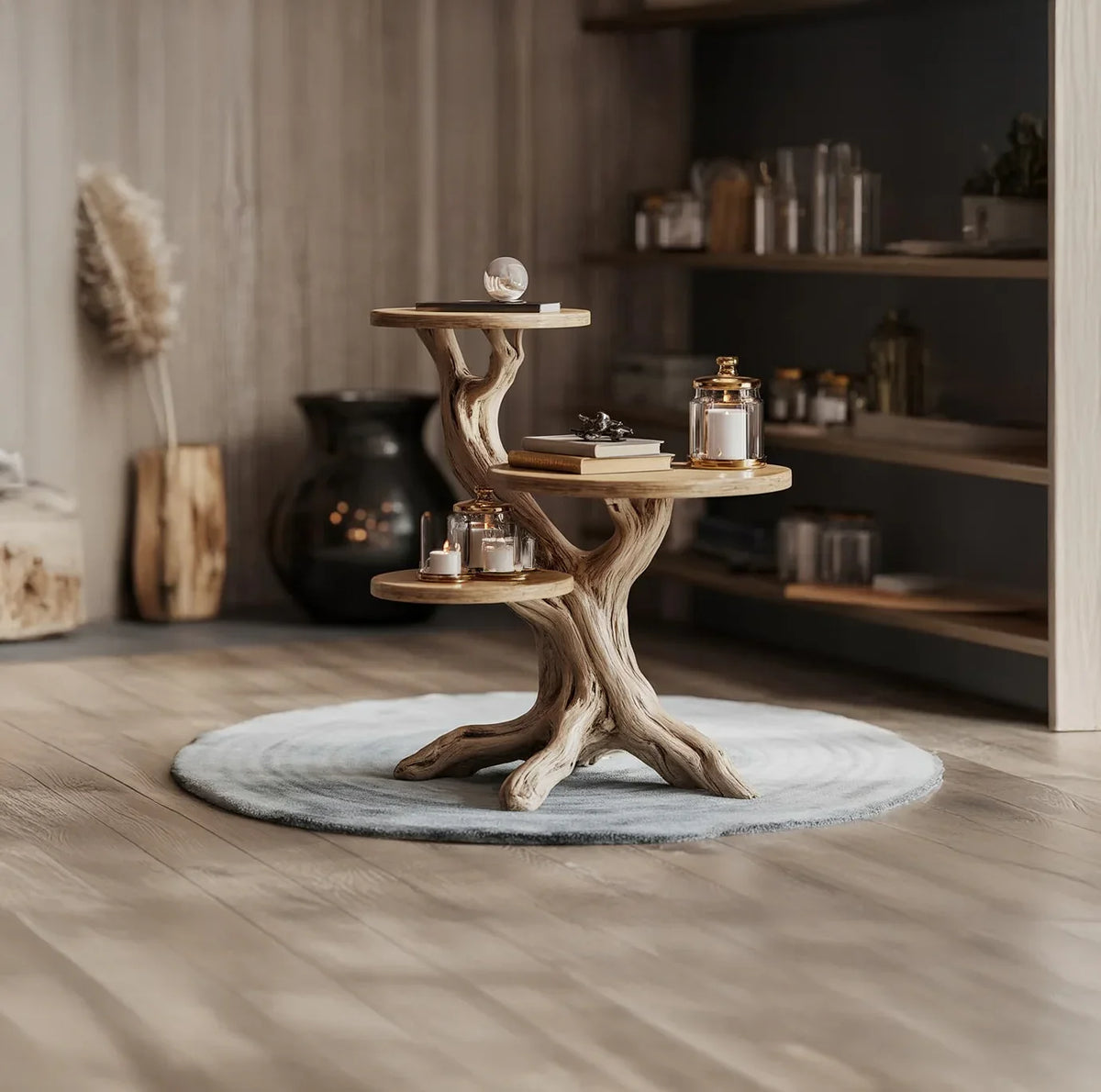 Sustainably crafted live edge solid wood tree bookshelf with shelves, styled in a modern room.