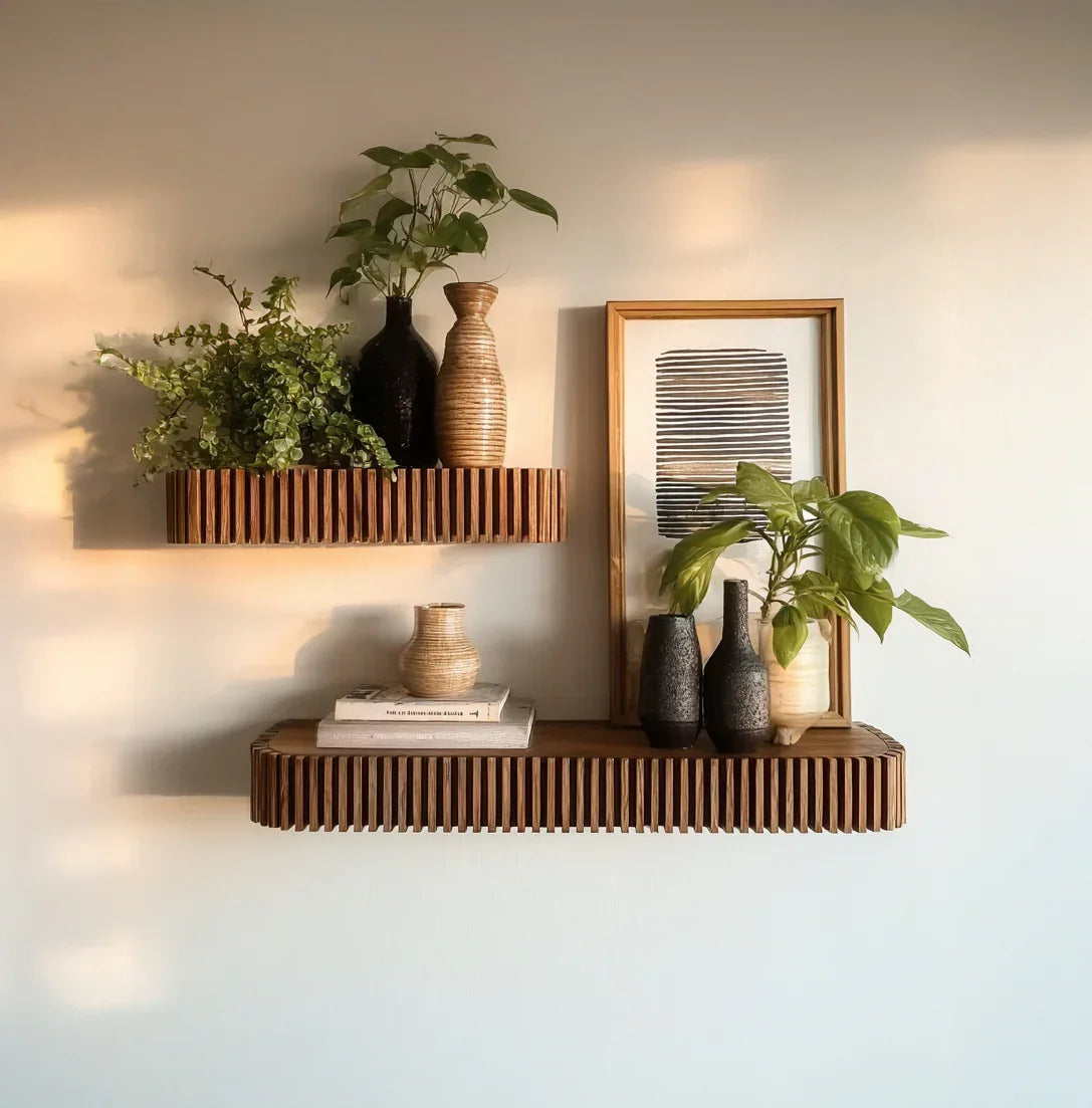 Modern solid wood floating shelves with vases, books, and potted plants against a light wall