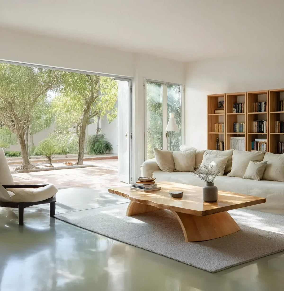 Modern living room with a solid wood live edge coffee table, neutral sofa, and bookshelf
