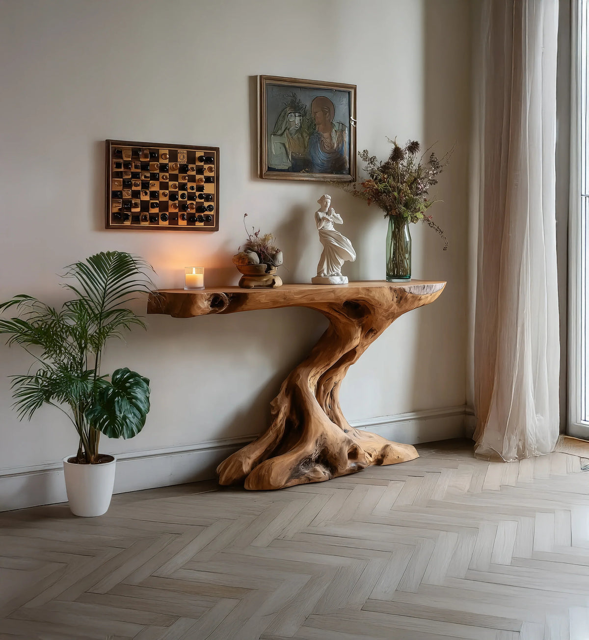 Sustainably crafted live edge wood console table in modern living room with plant and art