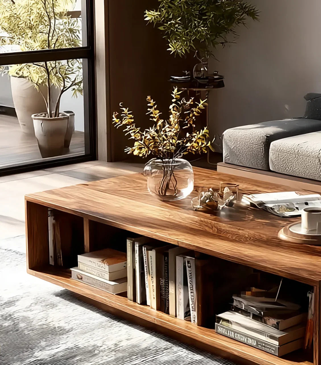 Modern living room with wooden coffee table holding glass vase with branches, books, and coffee cup