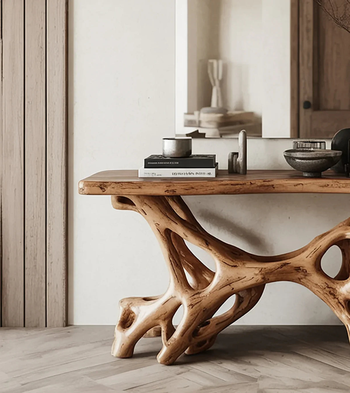 Live edge solid wood table with natural tree root base in modern interior setting